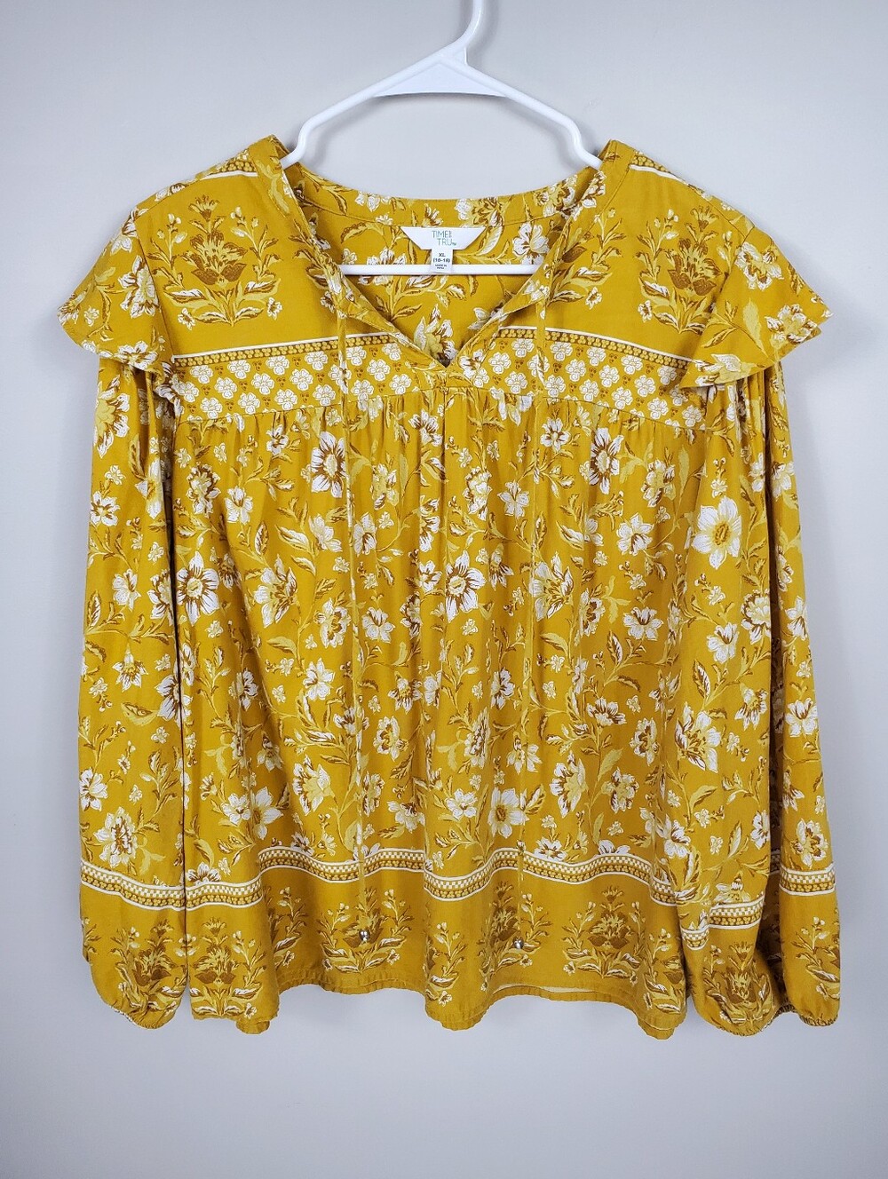 Time And Tru Size XL Yellow Flutter Sleeve Long Sleeve Floral Blouse Shirt Top